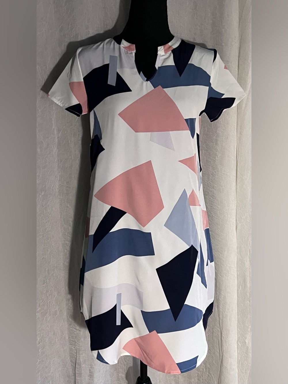 Abstract Geometric Print Short Sleeve Dress - Pink, blue & white